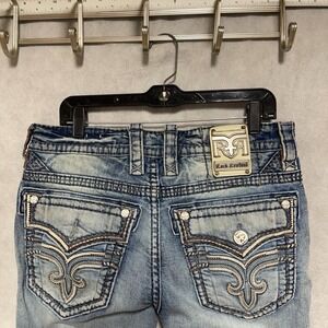 Rock Revival Jeans Men 32x31 Blu Light Distressed Straight Fermin Leather Insert